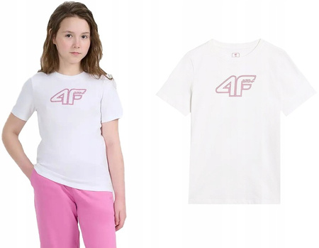 Koszulka dziewczęca 4F 4FJWAW25TTSHF2388 biała